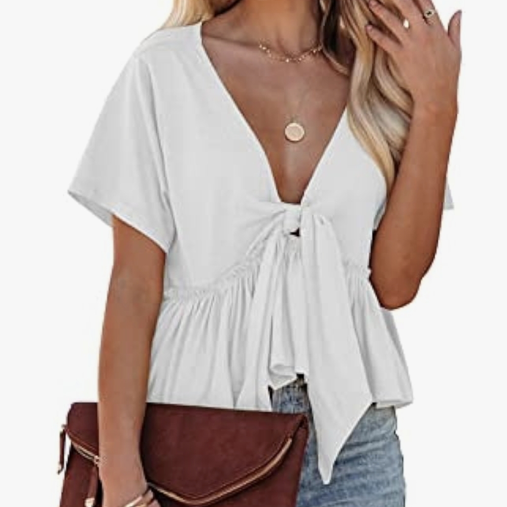 white ruffle blouse with tie front - Picture 1 of 2